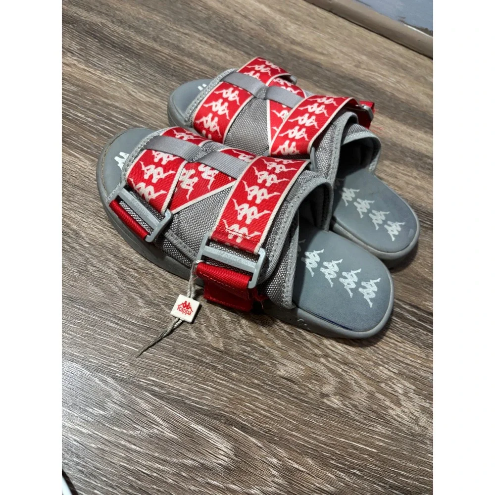 Kappa‎ Banda Mitel 1 Sandals Grey Red Logo Buckle Slide Sandals Mens 8.5